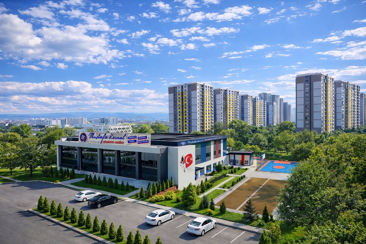 Modern commercial building with parking lot surrounded by tall residential towers and green landscape under blue sky